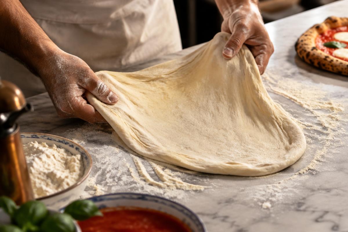 Hands stretching pizza dough on a floured marble counter