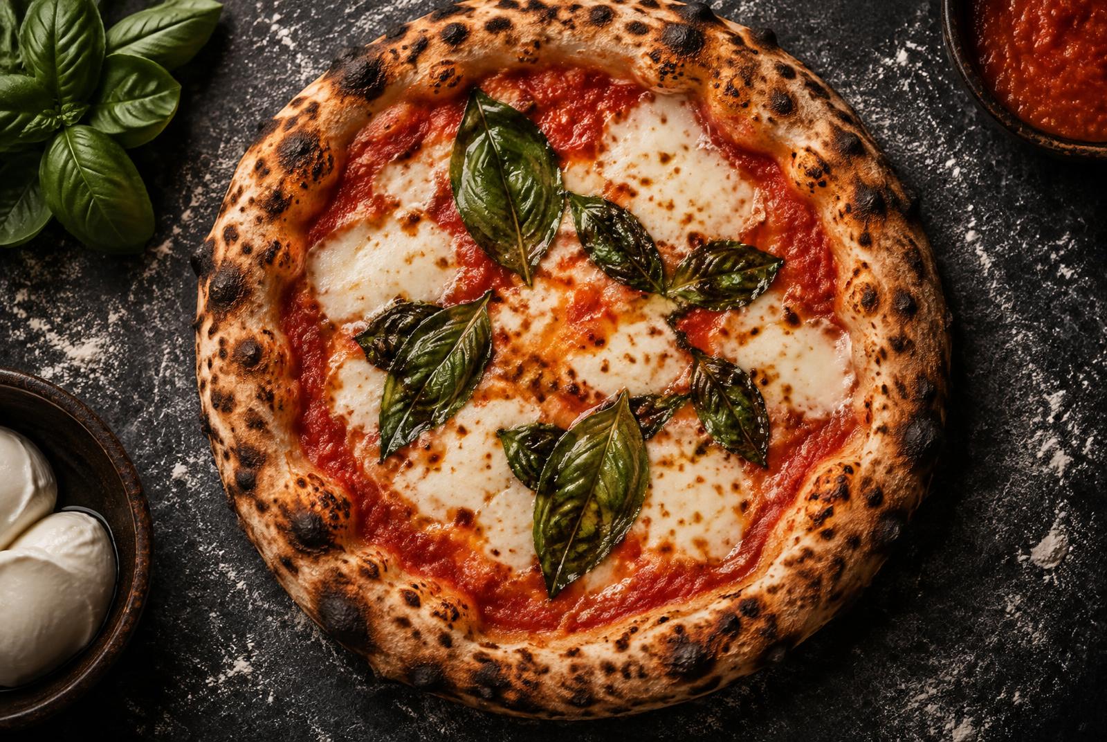 Wood-fired Margherita pizza with basil and mozzarella