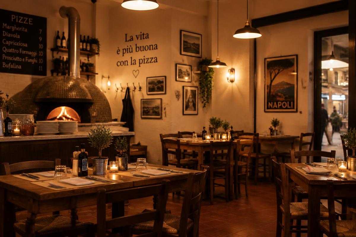 Warm pizzeria dining room with wood-fired oven